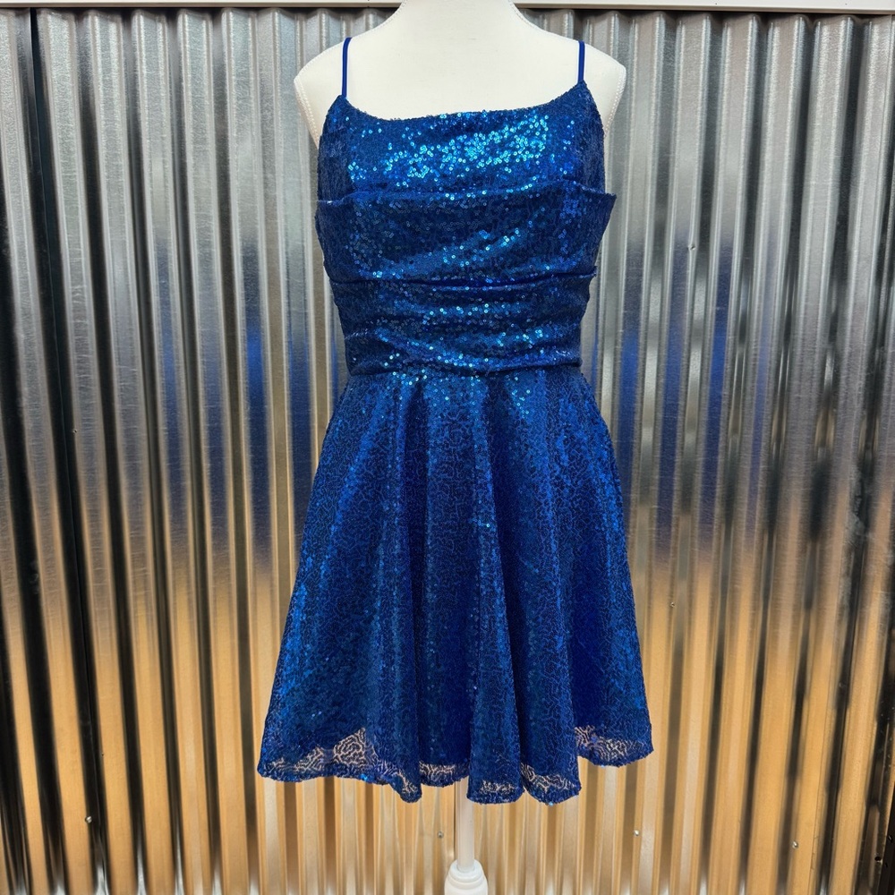 Pomuyoo Blue Sequin Homecoming Pageant Party Holiday Corset Back Mini Dress 10